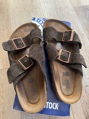 Birkenstock Kids Dark Brown Suede Two-Strap Sandals with Copper Buckles